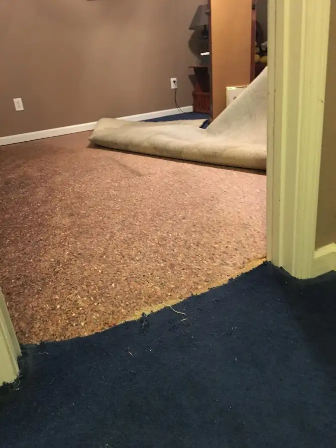 Carpet pad removal revealing water damage during Drying & Dehumidification in Oxon Hill